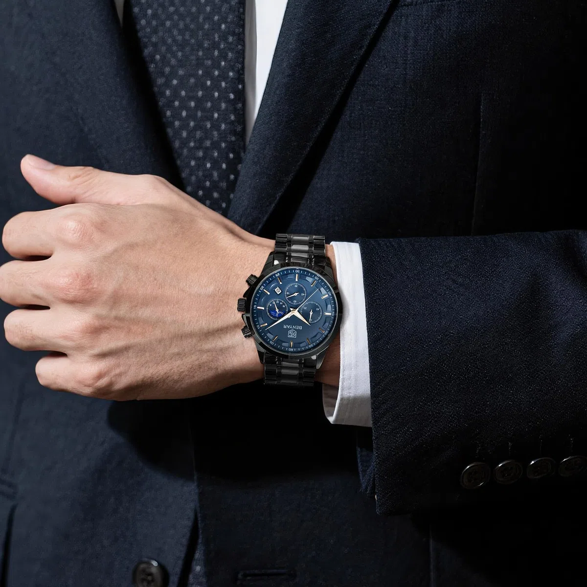 BENYAR BY Orologi da uomo multifunzione cronografo orologio al quarzo per uomo nero acciaio inossidabile/cinturino in pelle analogico orologio da polso regalo casual business