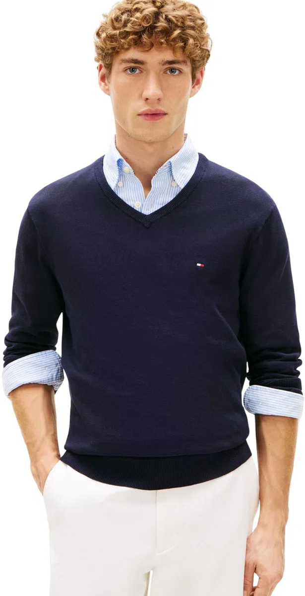 Tommy Hilfiger Maglione da Uomo Essential Cotton con Scollo a V MW0MW42249DW5004, Blu, L