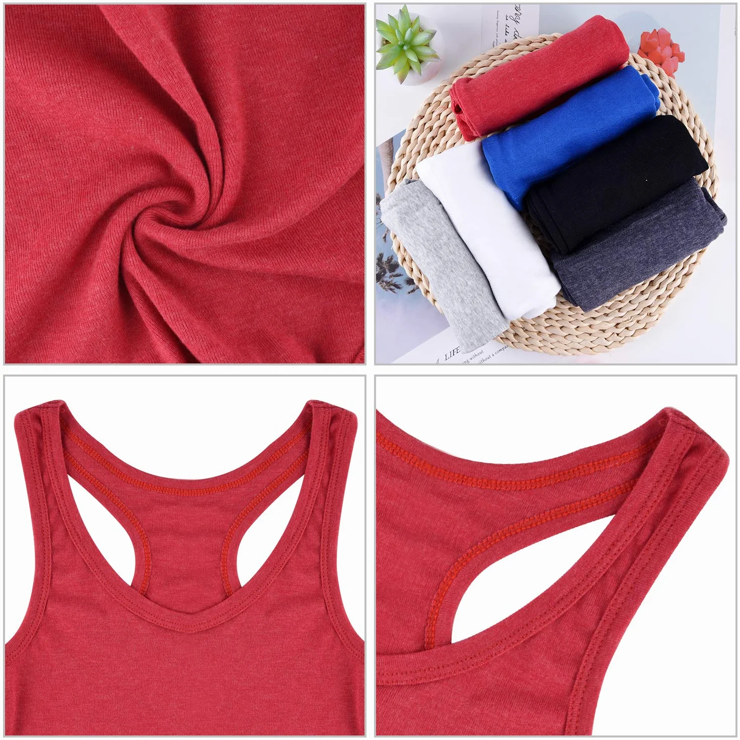 FEPITO 6 Pezzi Top da Donna Basic Canotte Sport Canotte in Cotone Top Senza Maniche a Spalle Scoperte Camicie da Allenamento Canotte da Donna, Medio-Piccole