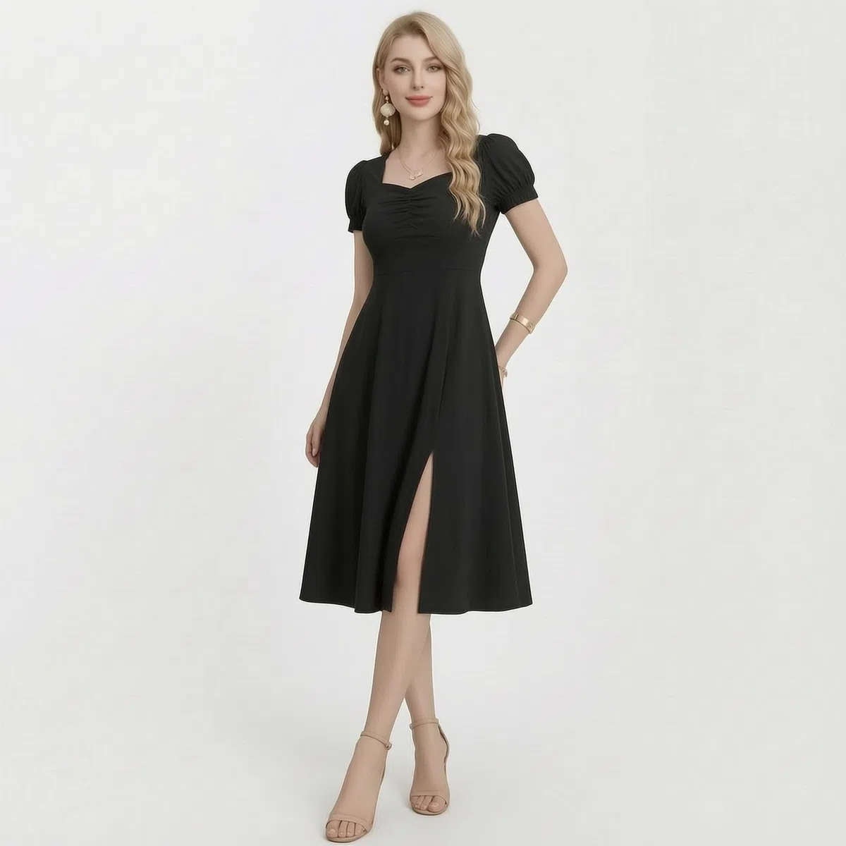 Vestiti Donna Estivi Eleganti Leggeri Manica Corta Vita Alta Abito Midi A Line con Scollo Quadrato e Spacco Laterale