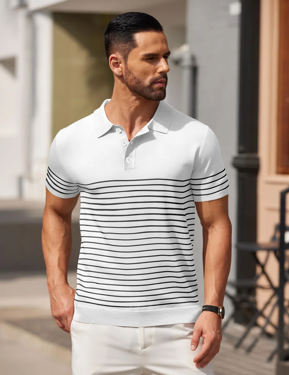 COOFANDY Polo Uomo Righe Maniche Corte Estive Cotone Slim Fit Traspirante Elasticizzato Golf Maglietta Corta Uomo