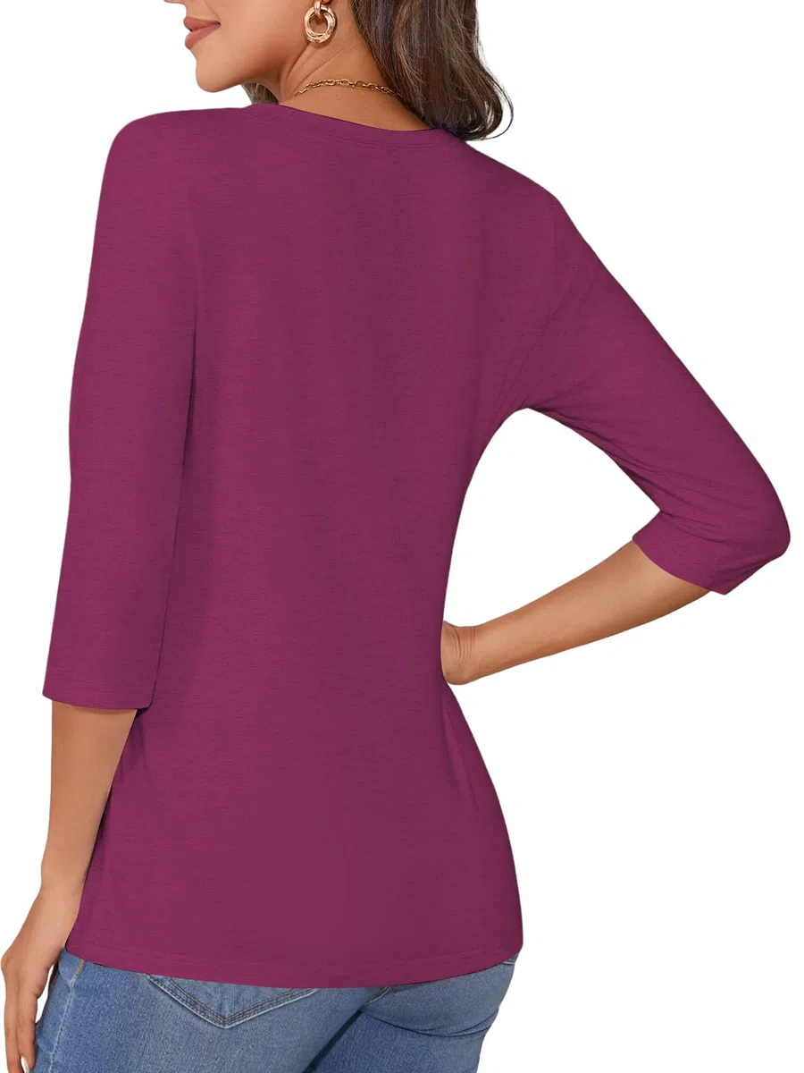 Cuptacc Maglietta a maniche lunghe da donna, girocollo, maniche a 3/4, tinta unita, basic, elegante, morbido e confortevole, per casa, tempo libero, in viaggio
