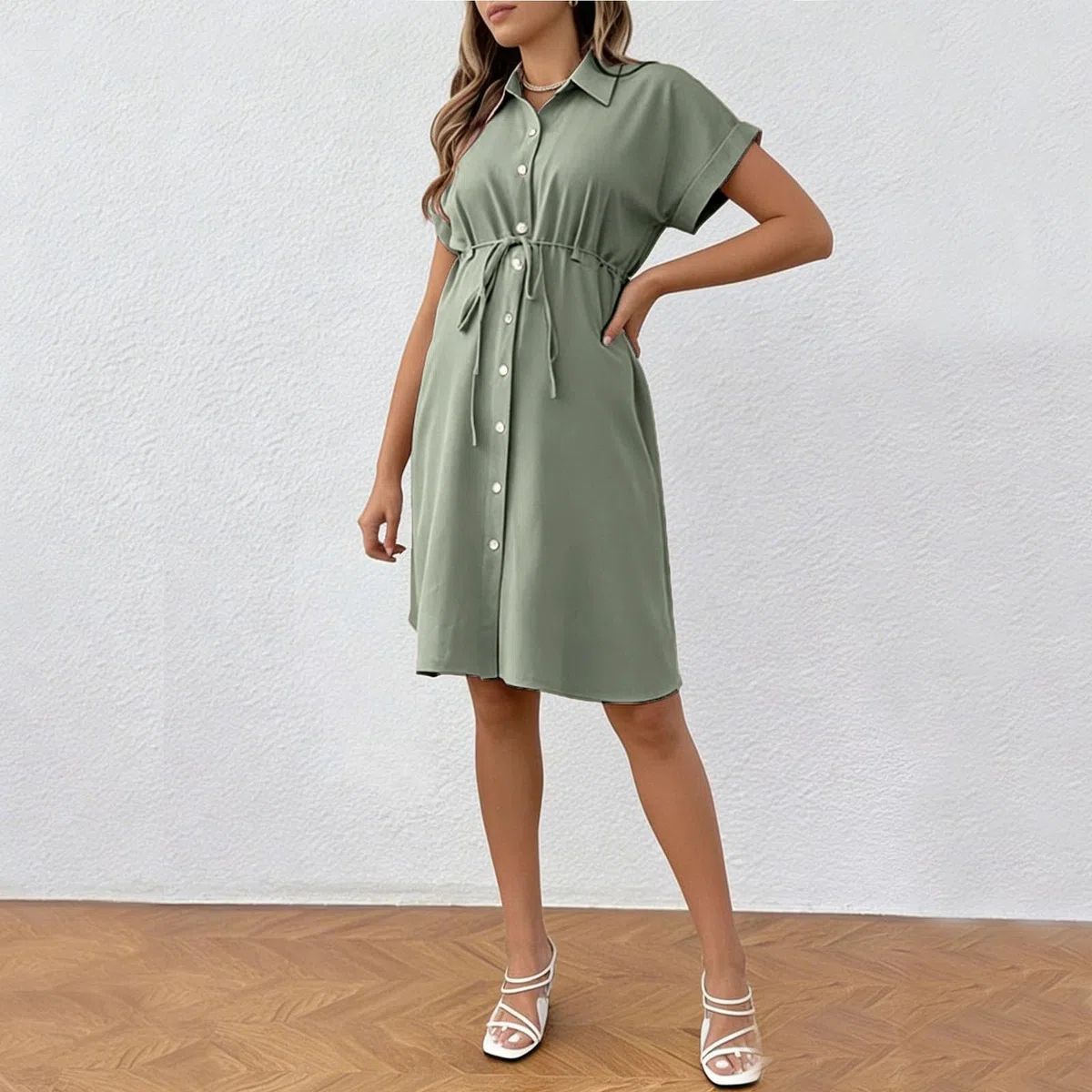 Abito al Ginocchio Premaman Donna Vestiti a Maniche Corte Abiti Colletto con Revers Vestito Monopetto Abito con Cintura Gonna Elasticizzato Vestiti Morbido Confortevole Abbigliamento