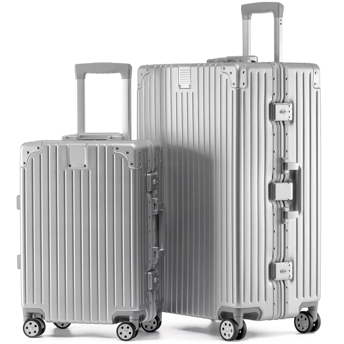 KOFA Zurich - Set di 2 valigie in alluminio, M-55 cm e XL-75 cm, telaio rigido trolley, carry-on + valigetta per check-in, con 4 ruote e doppia serratura TSA 35L + 94L, argento, 55x37x23 cm /