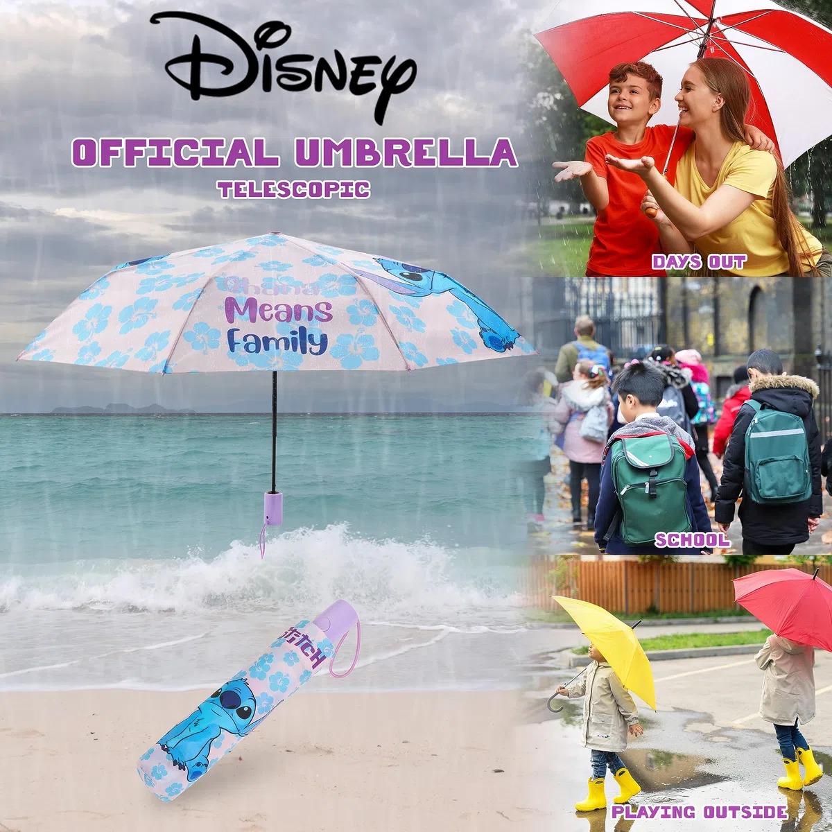 Disney Ombrello Pieghevole per Bambini e Adolescenti - Leggero Ombrelli Portatili per Viaggi, Scuola