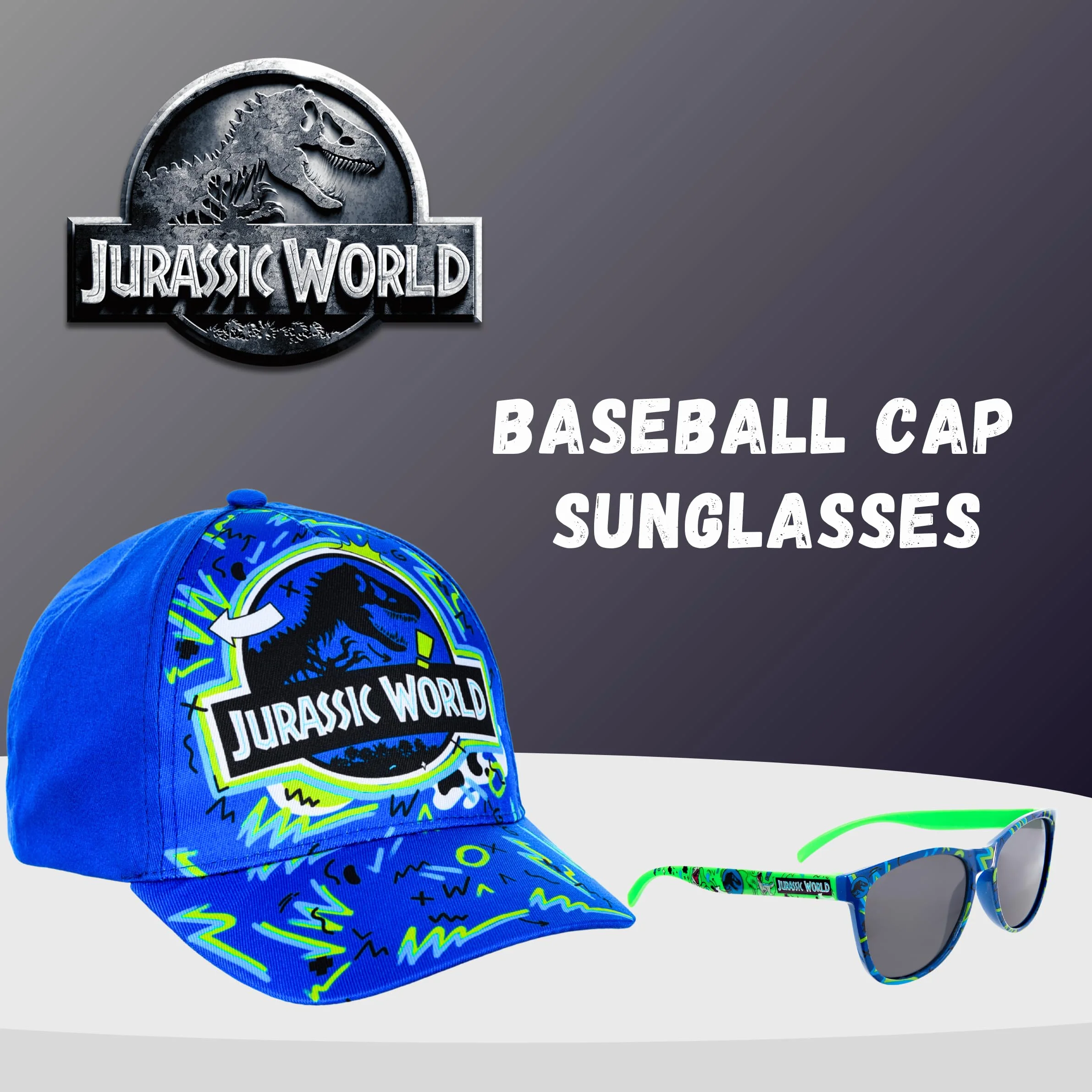 Jurassic World Cappellino Baseball e Occhiali da Sole per Ragazzi, Occhiali da Sole con Protezione UV, Cappellino Estivo per Bambino