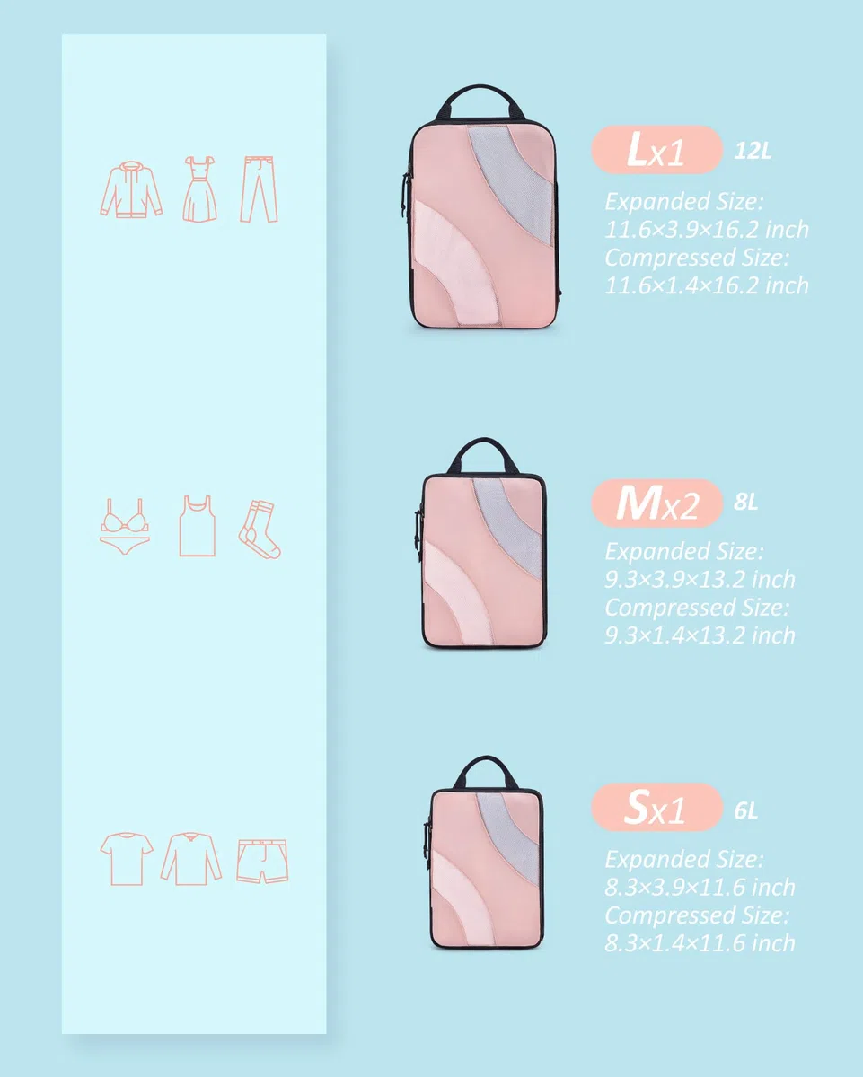 Compressione Packaging Dadi per Viaggi, BAGSMART 6 Set Viaggio Imballaggio Cubo per Valigia Compressione Valigia Organizer Bag, Colore: rosa., 4 pezzi