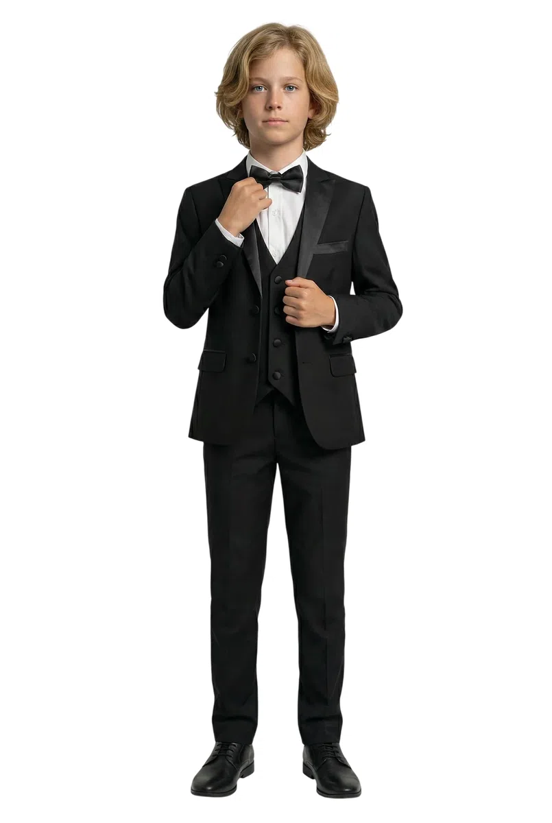 SIRRI Vestito Nero da Smoking per Ragazzi, Pagina Ragazzo, Vestito da Ballo Completo da Matrimonio in 5 Pezzi Taille 7 Anni