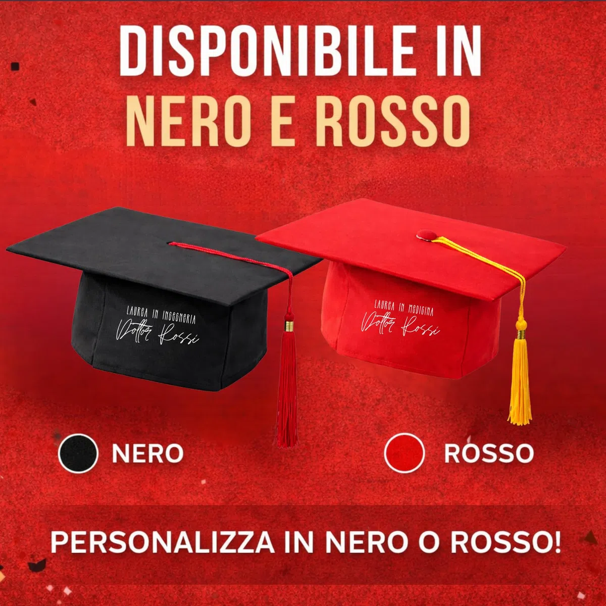 D&Vlab Tocco Cappello Festa di Laurea per Uomo Donna con Nappa Personalizzato con Cognome e Facoltà - Berretto Laureato Nero e Rosso in Medicina Laureato Ingegneria