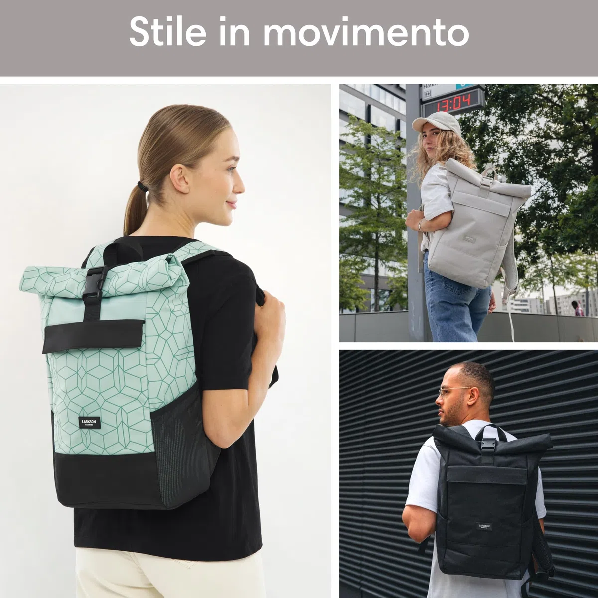LARKSON Zaino Roll Top Uomo Donna - No 4 - Zainetto per Lavoro, Viaggio, Università - Porta Pc 16 Pollici - Materiale Sostenibile - Impermeabile