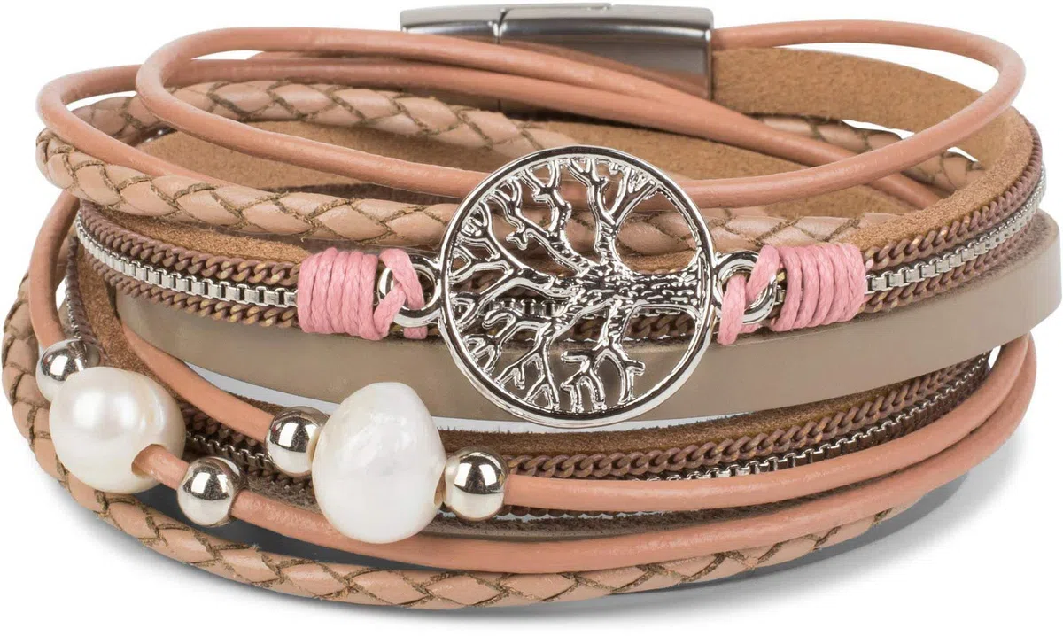 styleBREAKER bracciale in perle, catena, elementi intrecciati e ciondolo dell'albero della vita, chiusura magnetica, braccialetto da polso, donna 05040070