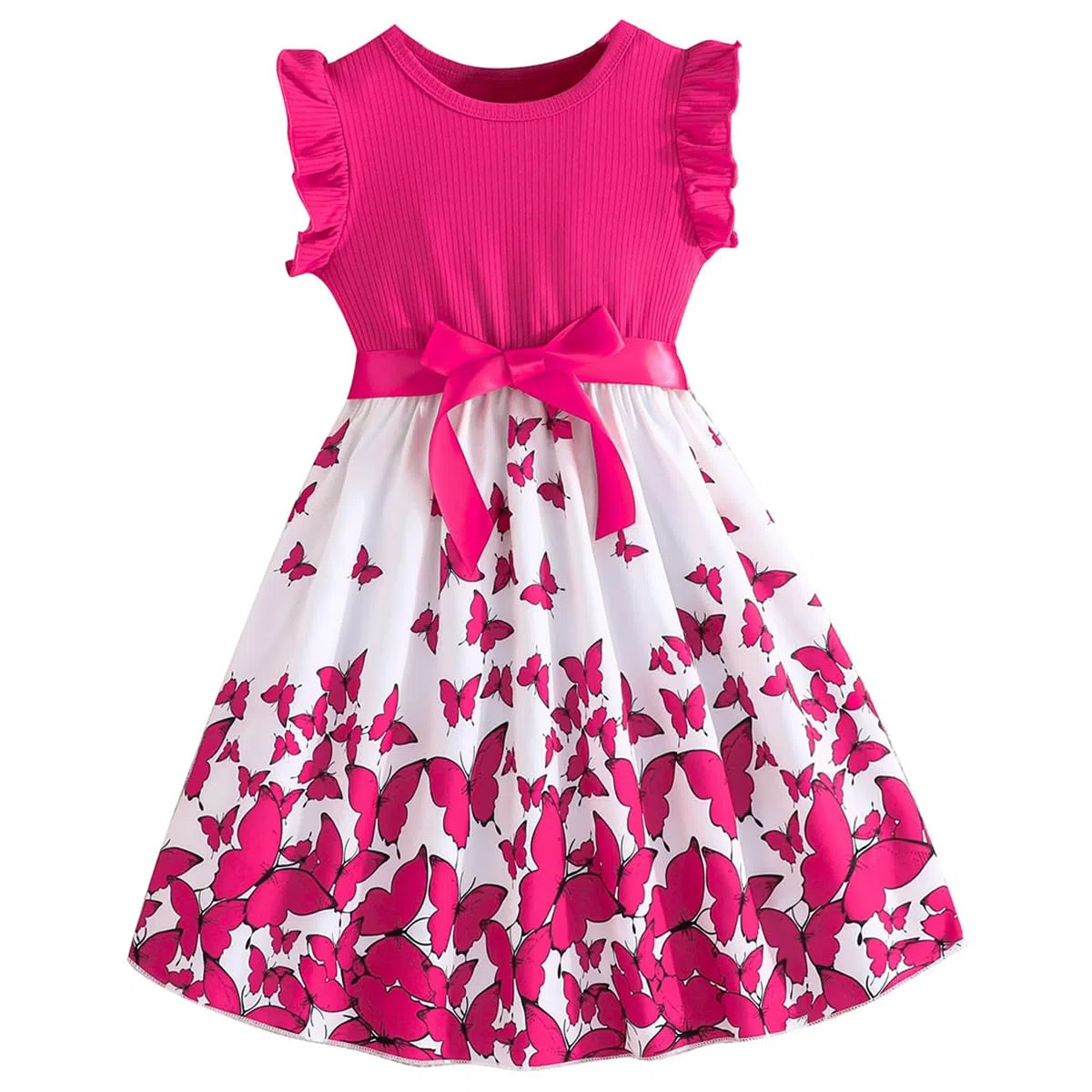 Vestito Bowknot Bambina Vestitos Girocollo Bambina con Maniche a Balze Vestito da Bambina con Fiori A-Line Abiti Bambine e Ragazze Abito da Principessa da Festa Taglia 4-8 Anni