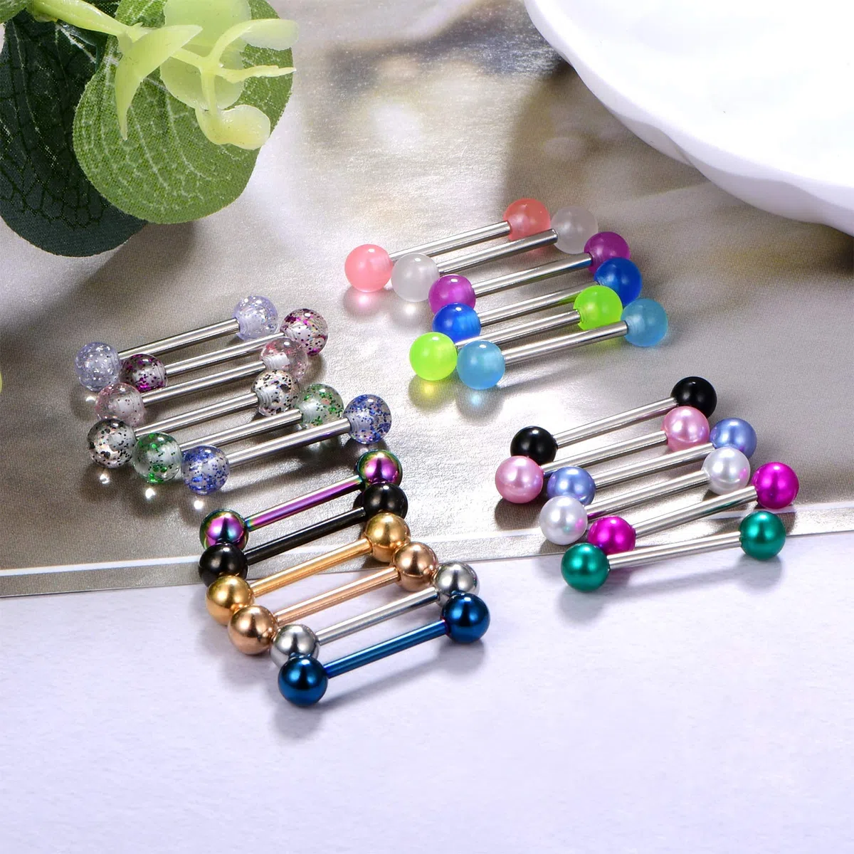 Piercing Lingua Capezzolo 14G 14mm 16mm Acciaio Chirurgico con Brillantini Palla Perla Luminosa Piercing Gioielli Donne Ragazze