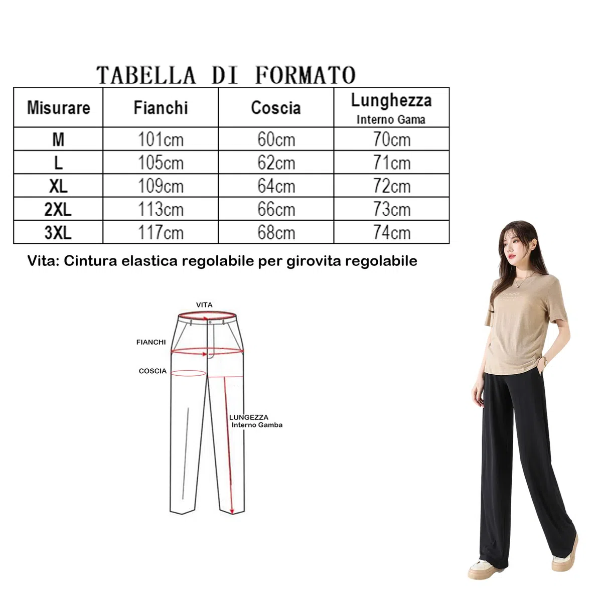 Questi Pantaloni Premaman Sono Pantaloni Larghi e Aderenti con Vita Regolabile. Sono Eleganti e pratici, Adatti a Donne Alte Fino a 170 cm.