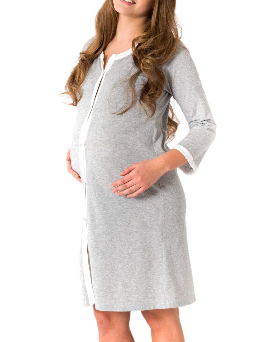 MYSANITY Camicia da Parto Manica Lunga in Cotone Melange, Camicia da Notte Premaman per Ospedale, Post Parto e Allattamento