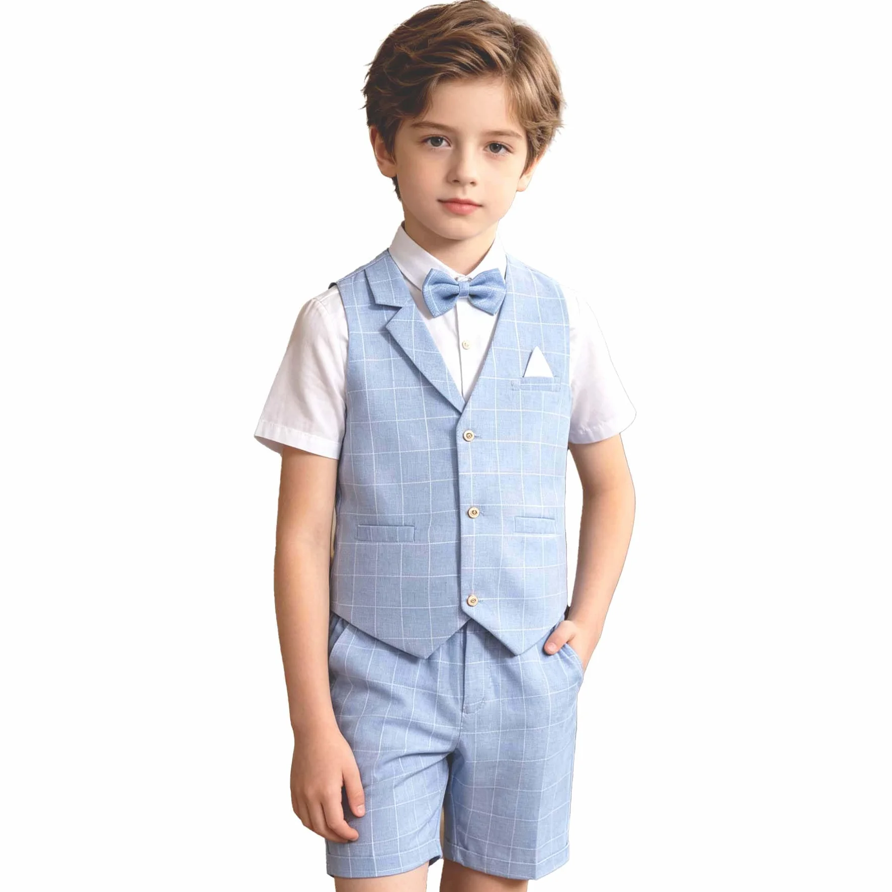 LOLANTA 4PZ Completo Cerimonia Bambino, Abito Bimbo Estivo con Gilet Pantalone Camicia e Papillon per 2-12 Anni