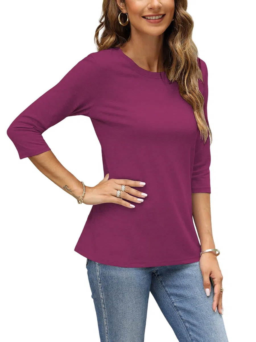 Cuptacc Maglietta a maniche lunghe da donna, girocollo, maniche a 3/4, tinta unita, basic, elegante, morbido e confortevole, per casa, tempo libero, in viaggio