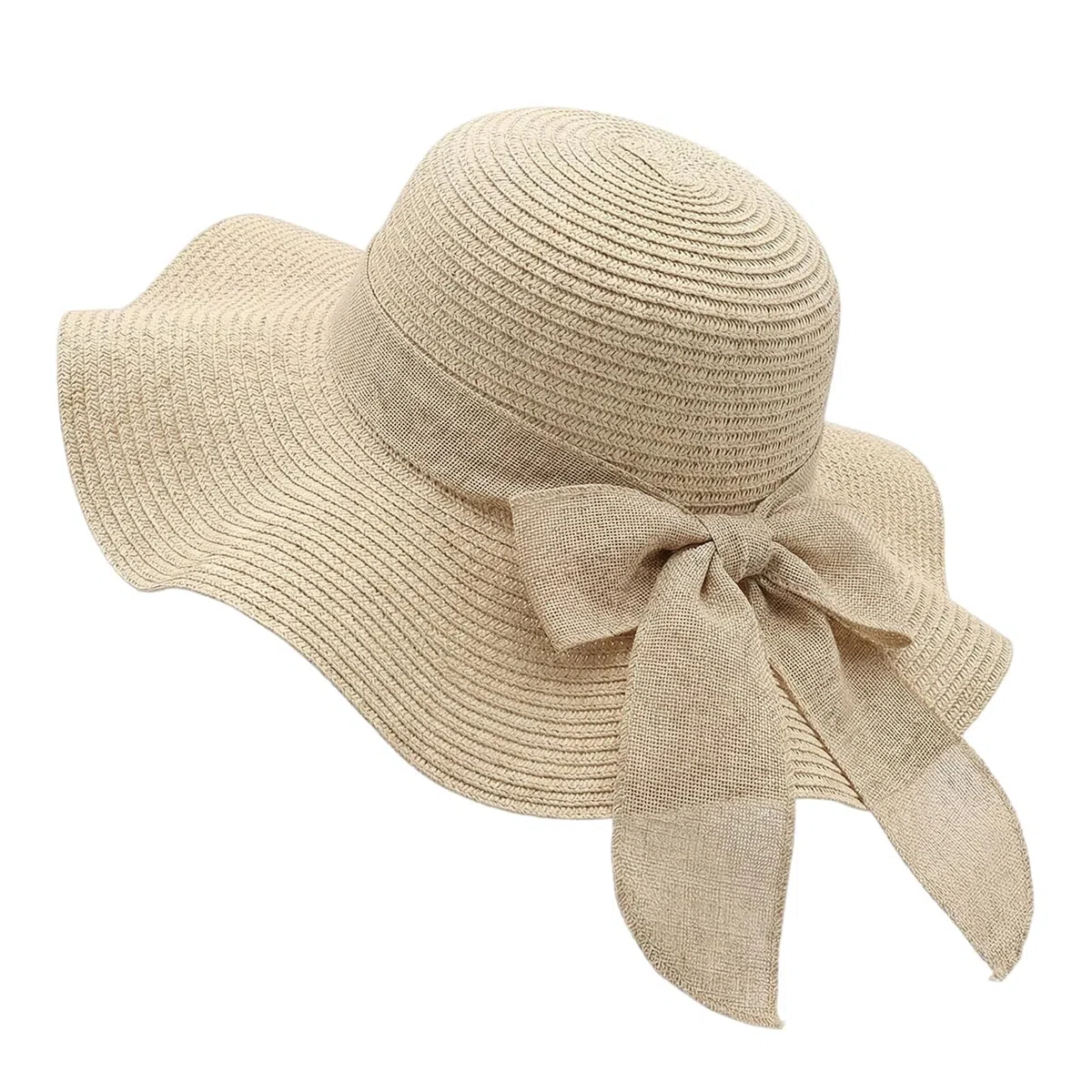 Cappello di Paglia da Donna a Tesa Larga con Fiocco Regolabile UPF 50+, Protezione Solare, Pieghevole, Ripiegabile, Cappello da Spiaggia Arrotolabile, da Viaggio, Beige