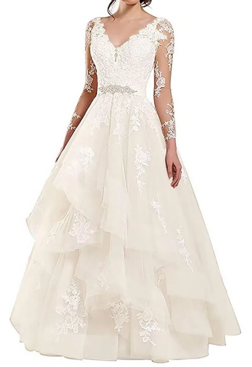Abito da sposa da donna con pizzo, lungo, bohémien, spiaggia, con fessura, elegante linea ad A, abito da sposa
