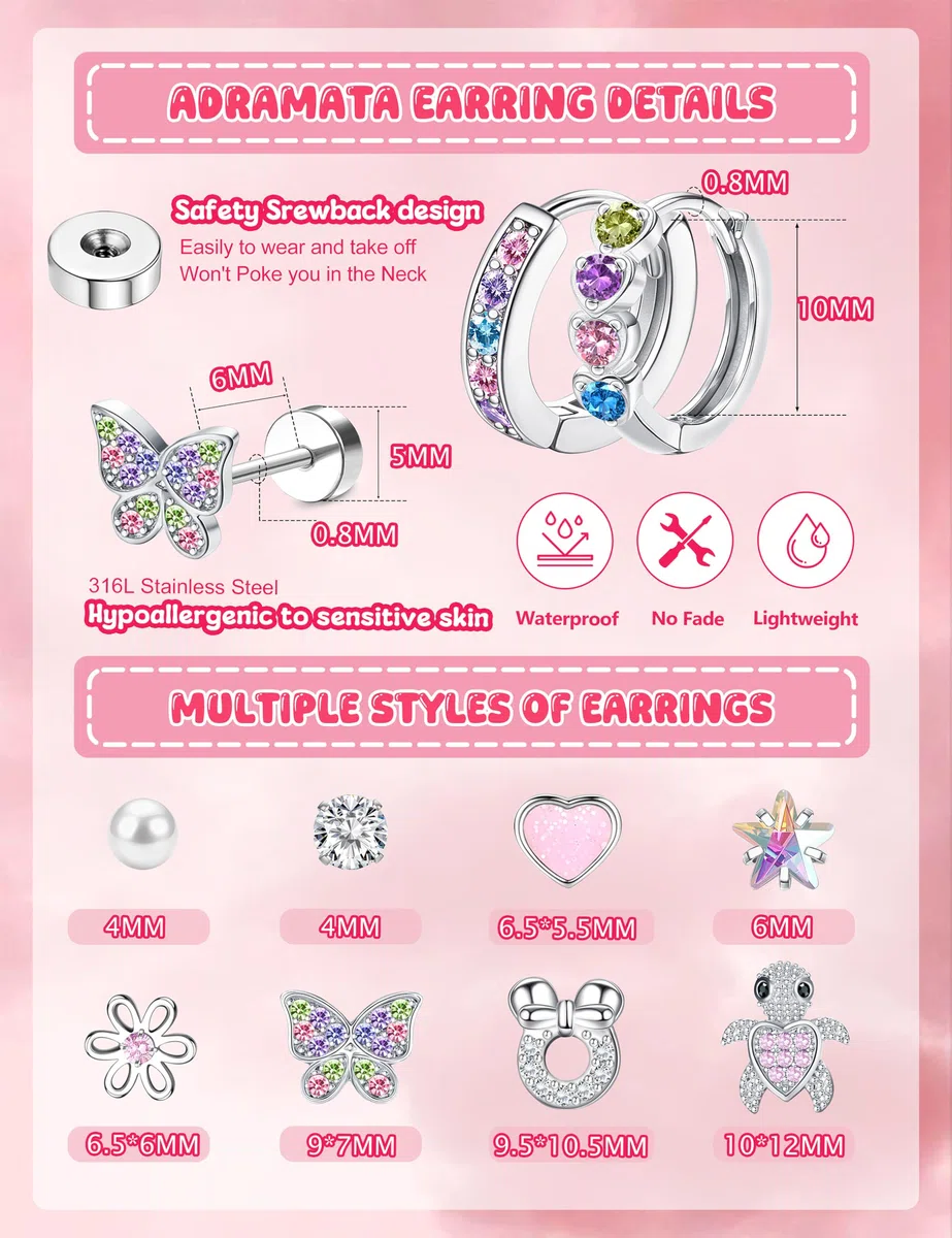 Adramata 10 Paia Orecchini Bambina Anallergici Set Orecchini Acciaio Inossidabile Piccoli Orecchino a Cerchio Argento/Oro 14K Orecchino a Bottone Fiori Farfalla Zirconi