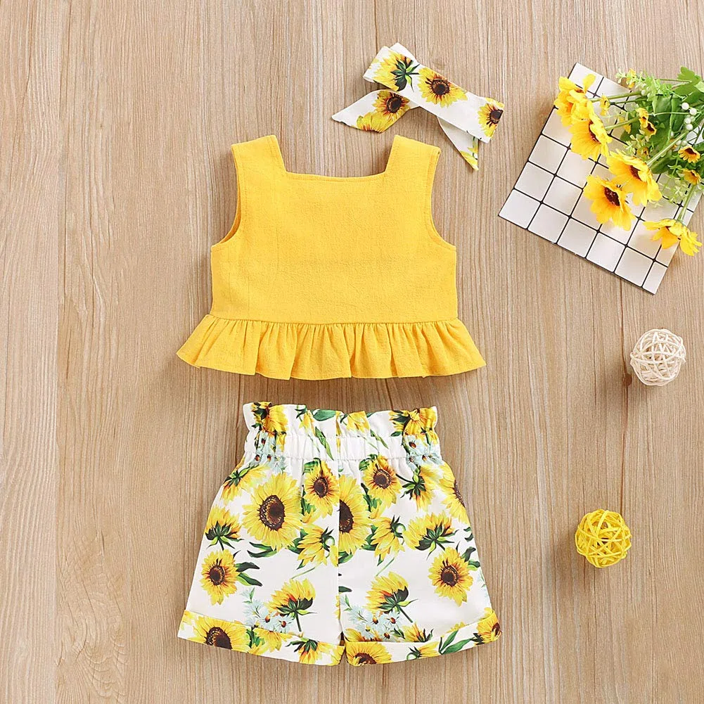 ANUFER 3pcs Ragazza Bambini Set di Abbigliamento Luminoso Giallo Girasole Bambina Outfits Canottiere + Pantaloni Corti + Fascia per Capelli