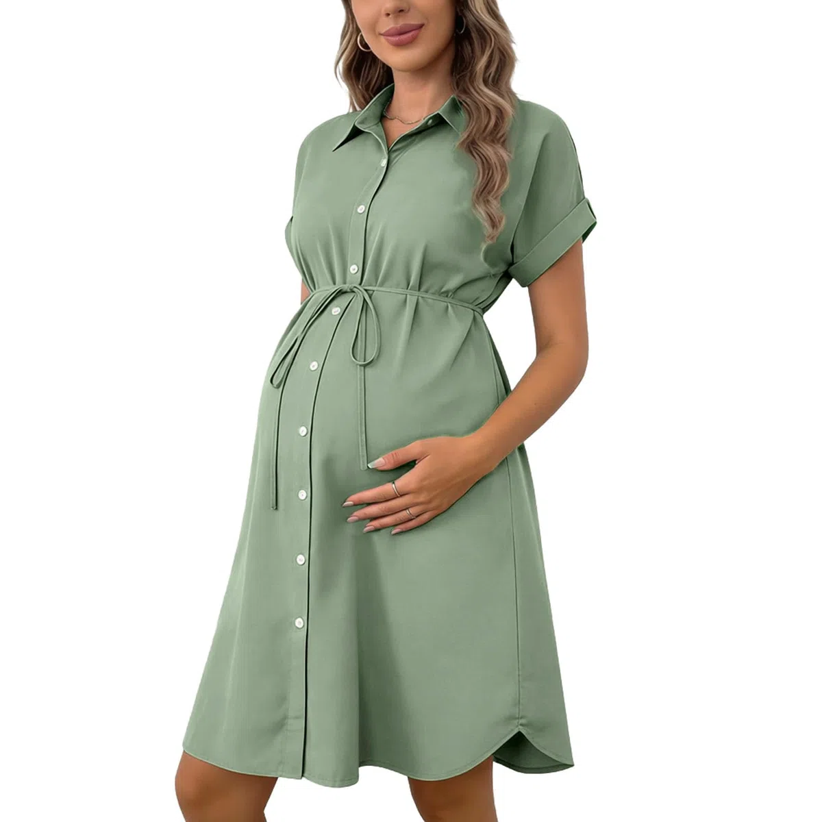 Abito al Ginocchio Premaman Donna Vestiti a Maniche Corte Abiti Colletto con Revers Vestito Monopetto Abito con Cintura Gonna Elasticizzato Vestiti Morbido Confortevole Abbigliamento