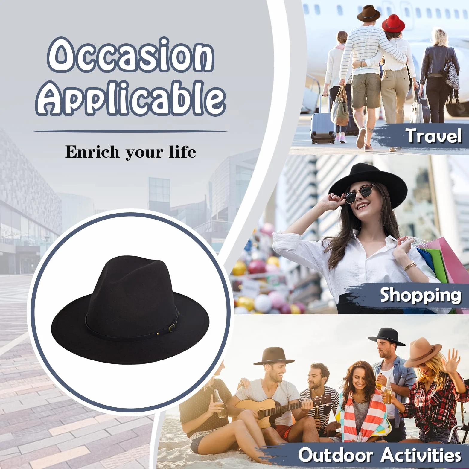 Uomo Donna Cappello Fedora Jazz Trilby Berretti Cappelli a Tesa Larga - Cappello in Feltro Autunno Inverno Regolabile 56-58CM