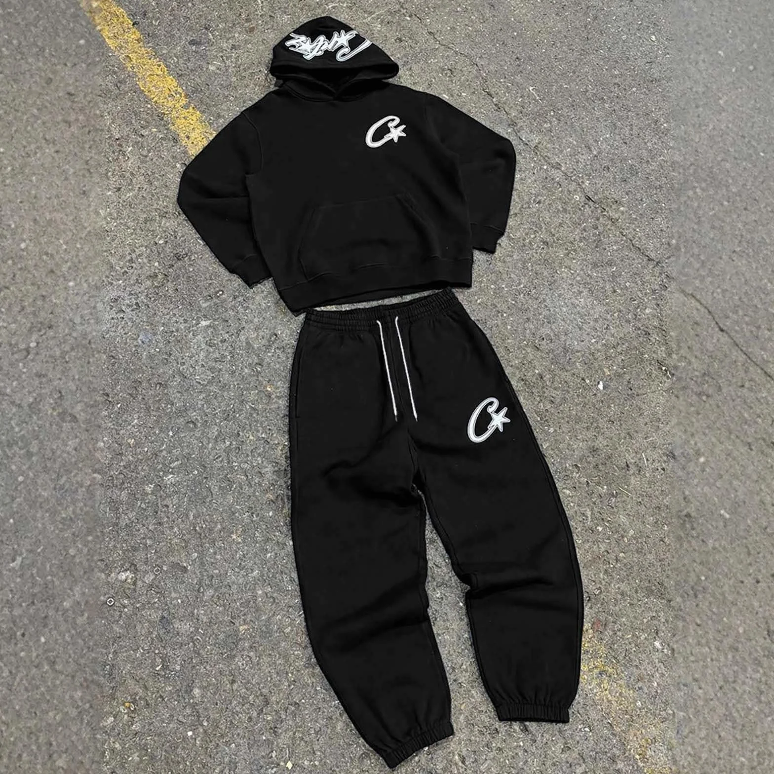 Tuta da jogging da uomo e donna, unisex, in cotone, con cappuccio e pantaloni da jogging, set comodo, per il tempo libero, streetwear, 2 pezzi