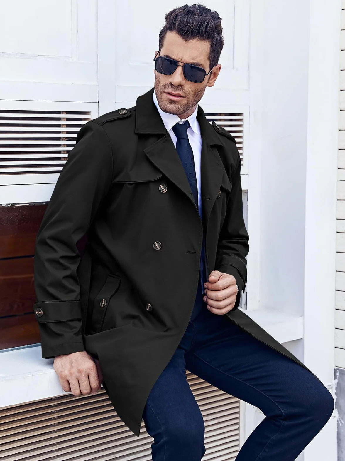 Runcati Trench Coat Uomo Slim Fit Doppio Petto Cappotto di Medio Lungo Classico Business Casual Coat Autunno Antivento Cappotto