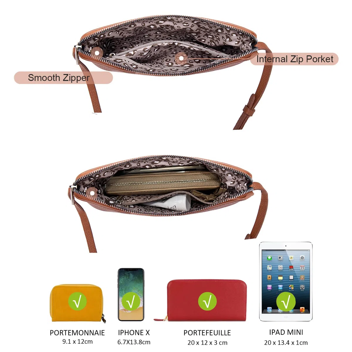 David Jones - Borsa a Tracolla Donna - Borsa a Mano Piccola Pelle PU - Borsetta Piatta 2 Scomparti - Borsa Lavoro Viaggio Telefono Quotidiana - Bianco
