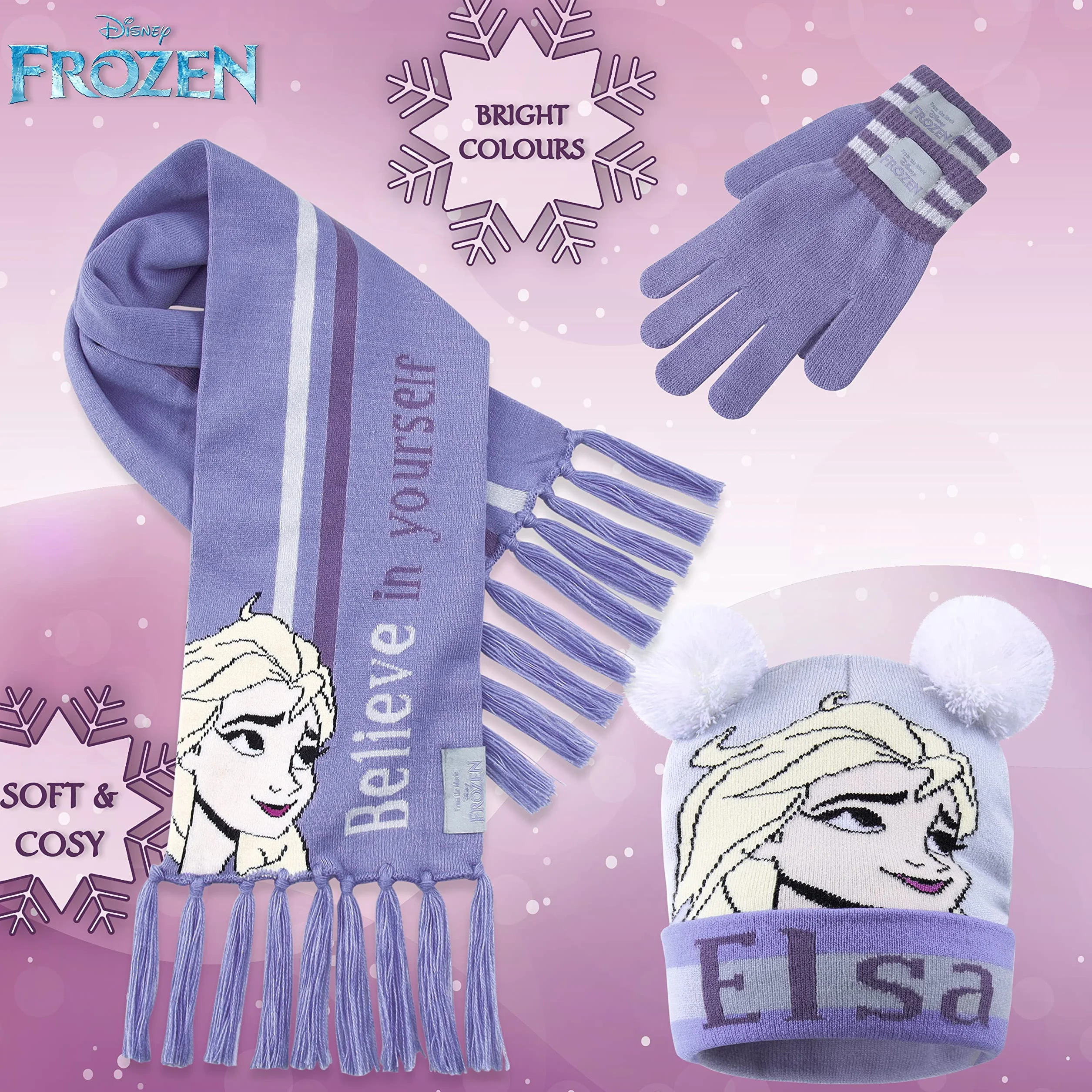 Disney Cappello Bambina Elsa Frozen, Set Invernale Cappello, Sciarpa, Guanti