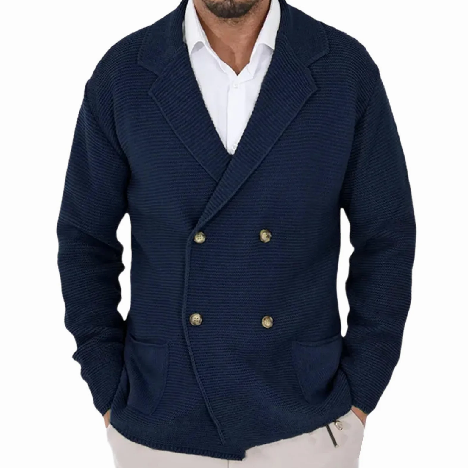 Generisch Maglione da uomo con risvolto doppiopetto, tinta unita, comodo, con tasche, vestibilità rilassata, cardigan, comodo, caldo, invernale
