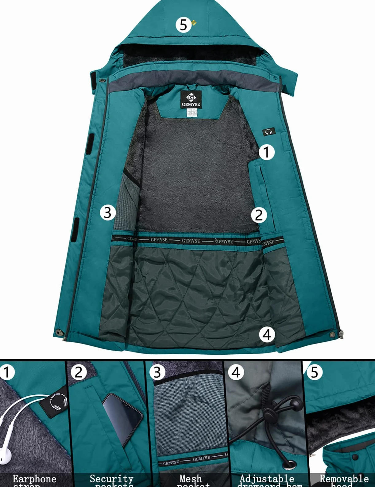 GEMYSE Donna Giacca da Sci Snowboard Antivento Impermeabile Calda Giubbotto con Cappuccio Rimovibile