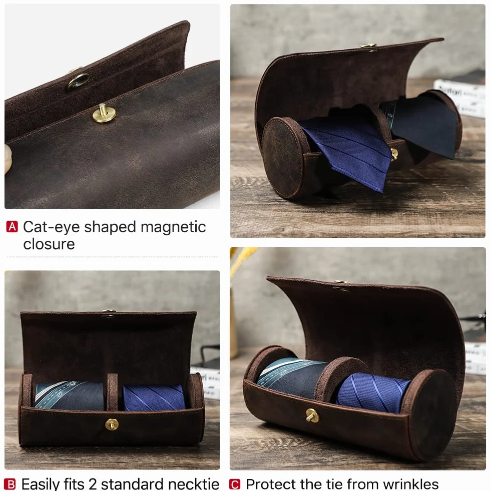 Cravatta Organizzatore Holder in Vera Pelle Fatto Portatile per 2 Cravatte, Caso di Conservazione Rotolo per Uomo