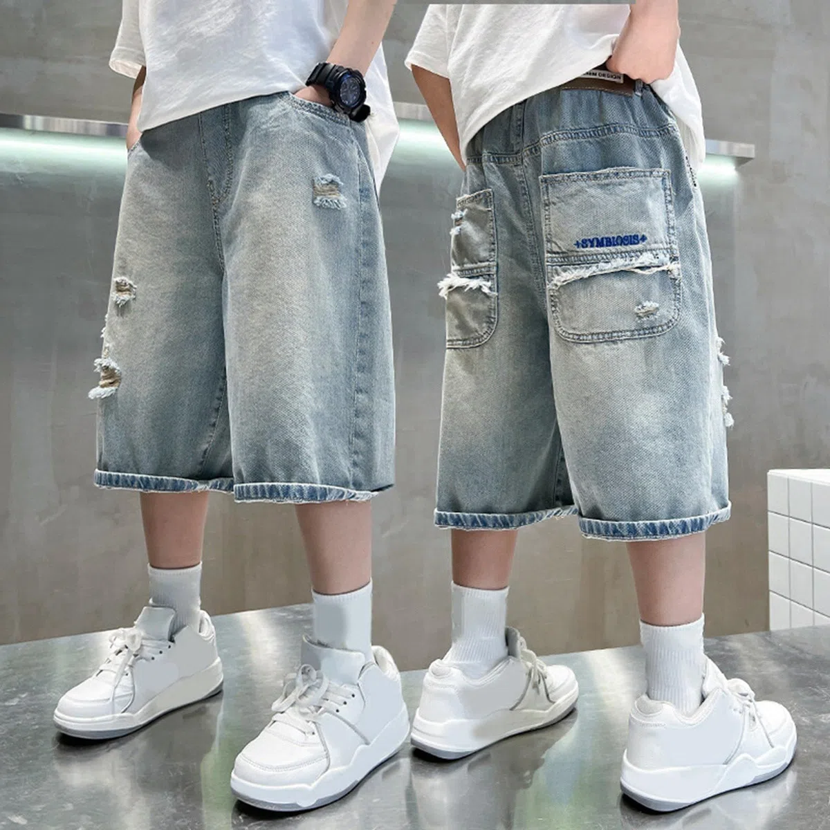 Pantaloncini in jeans per ragazzi con elastico in vita e tasche, abbigliamento estivo casual per bambini e ragazzi, stile outdoor, per scuola e tempo libero
