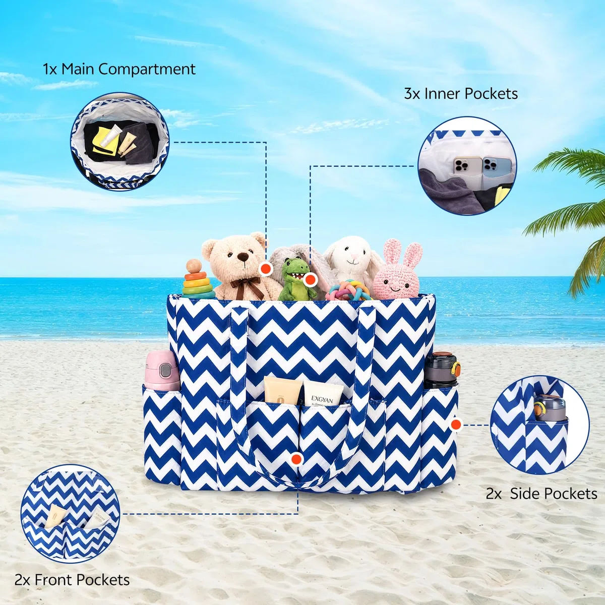 Zocipro Borsa da Spiaggia Impermeabile con Zip – Grande 45L XXL per Famiglia, Pieghevole e Leggera, Ideale per Spiaggia, Viaggio, Vacanza e Piscina