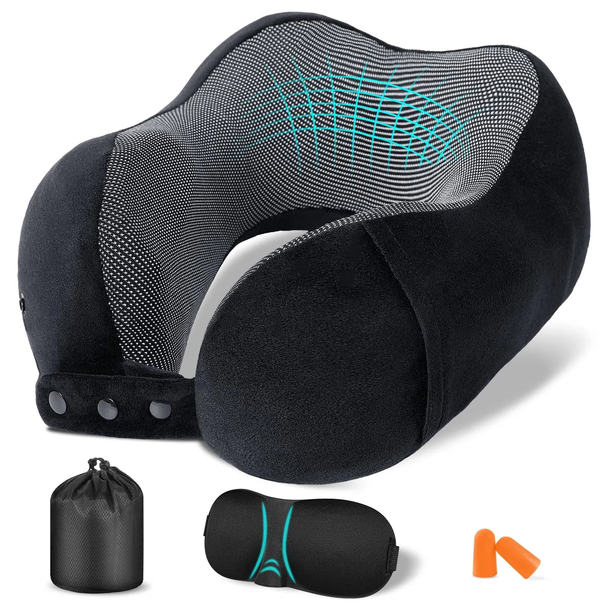 Cuscino da Viaggio Memory Foam, Cuscino Aereo Collo Regolabile e Portatile, Cuscino Cervicale da Viaggio, Federa lavabile, Schiena Piatta, Accessori Viaggio Aereo, Nero