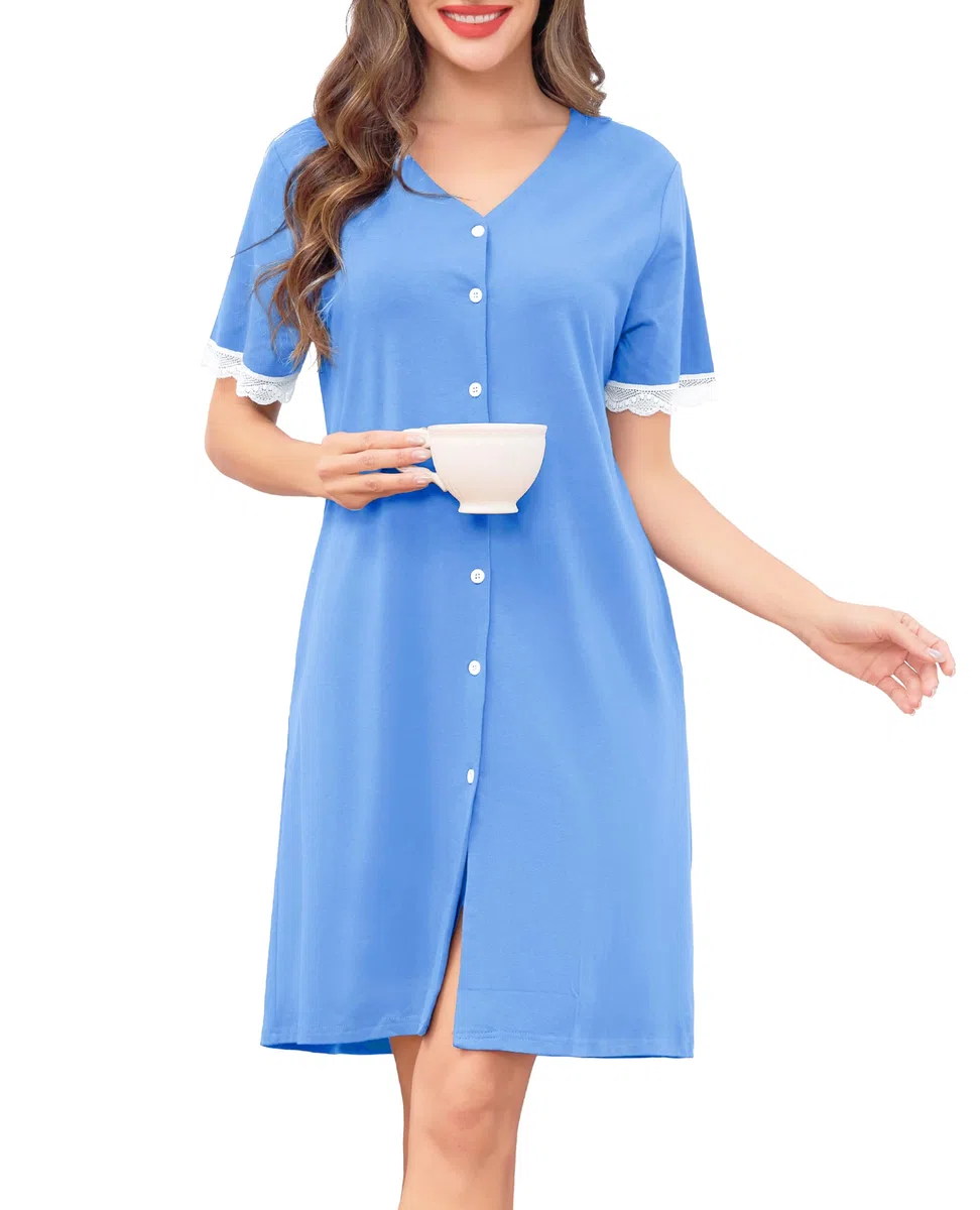 Wikoan Camicia da Notte da Donna Abito Estivo con Scollo a V e Bottoni sul Davanti Camicia da Notte con Bordi in Pizzo S-3XL