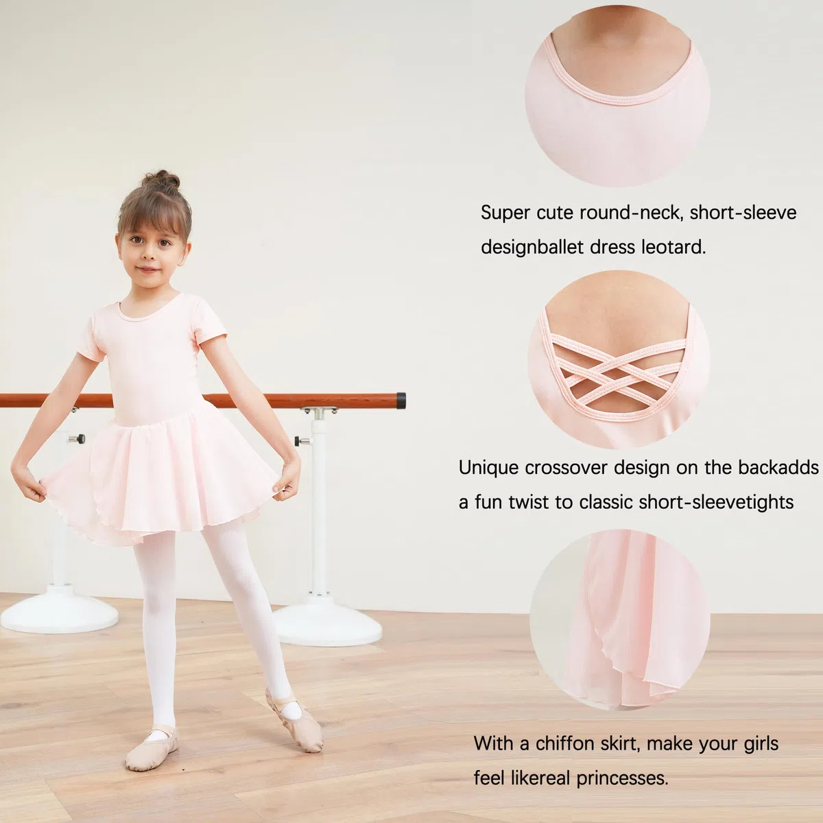 Ragazza Vestito da Balletto Body Ginnastica e Danza in Cotone a Maniche Corte con Chiffon Gonna Tutu per Bambini