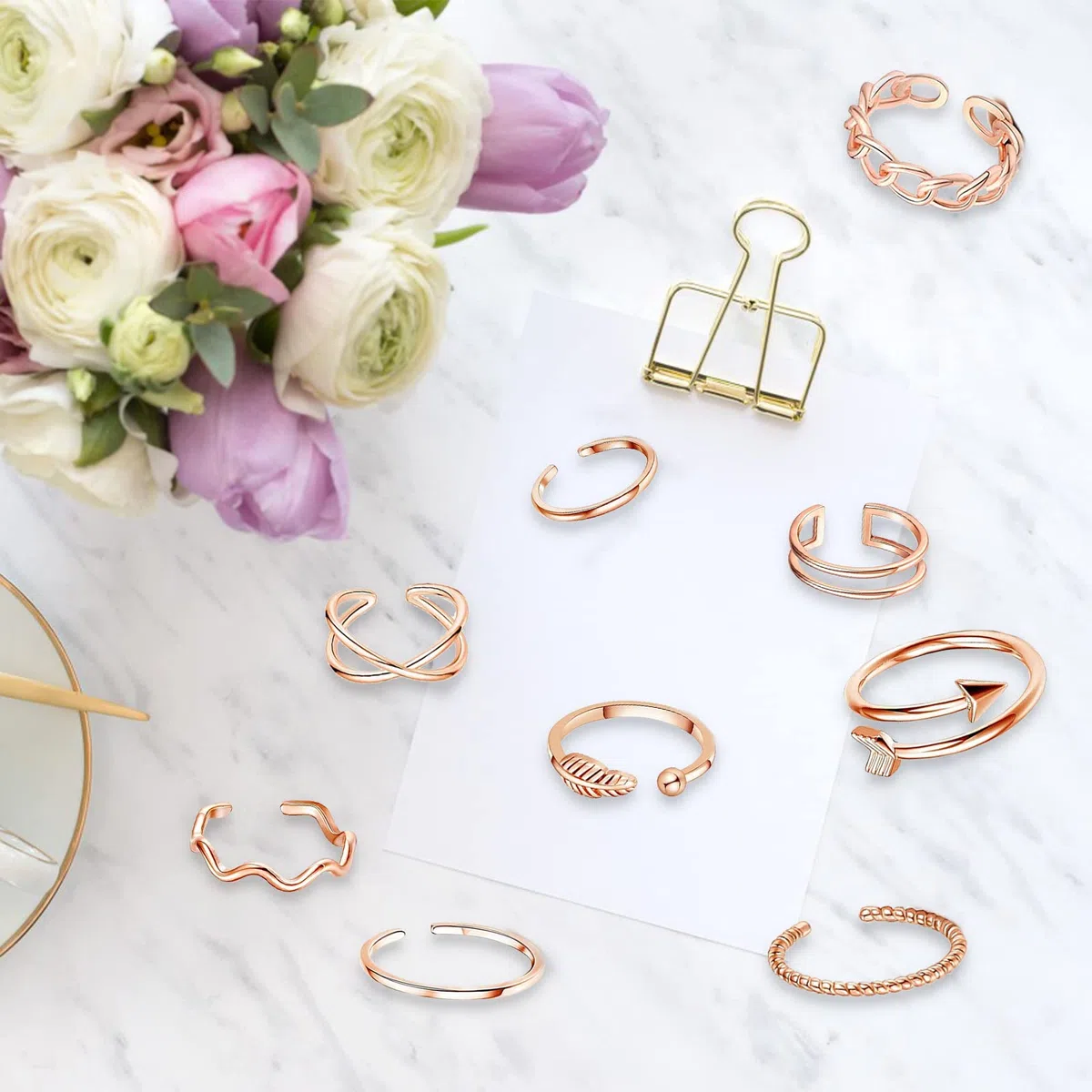 Set 9 Pezzi Anelli Donna Regolabili per Tutte le Dita, Gioielli Vintage, Aperti Impilabili in Oro Rosa, Piede