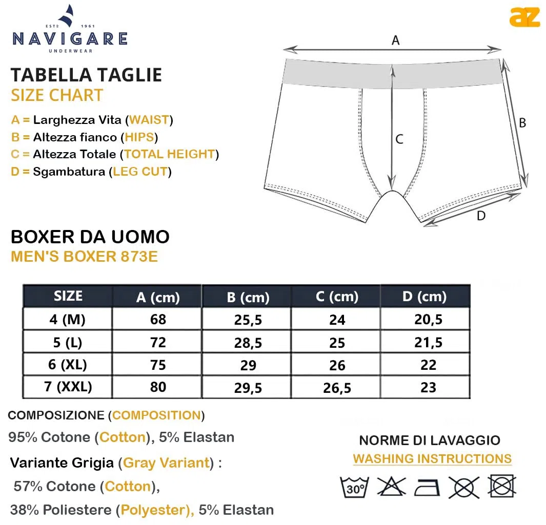 Navigare Boxer Uomo Bielastico: Comfort Superiore e vestibilità Perfetta. Boxer Uomo,Confezione 4 Pezzi, Art. 873/E - 822. Edizione Limitata Esclusiva per Azzeta.