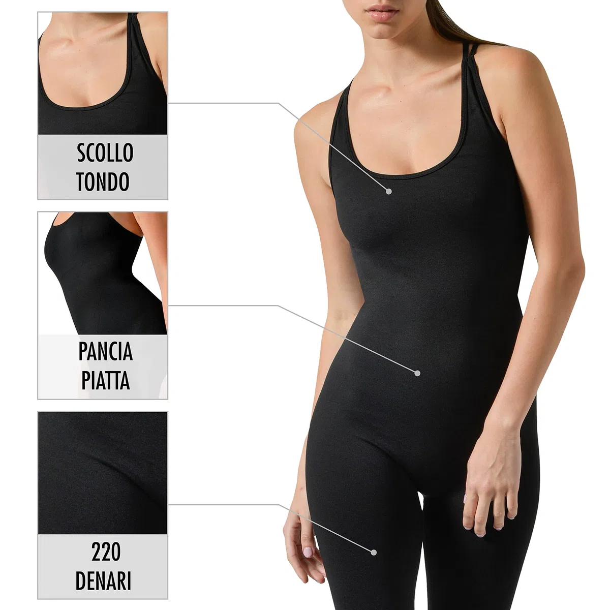 Risalti Tuta Jumpsuit Donna Sportiva - Tutina Aderente Lunga, Senza Maniche, Tuta Intera, Attillata, Elegante, Seamless, Fitness, Yoga, Palestra - Made in Italy