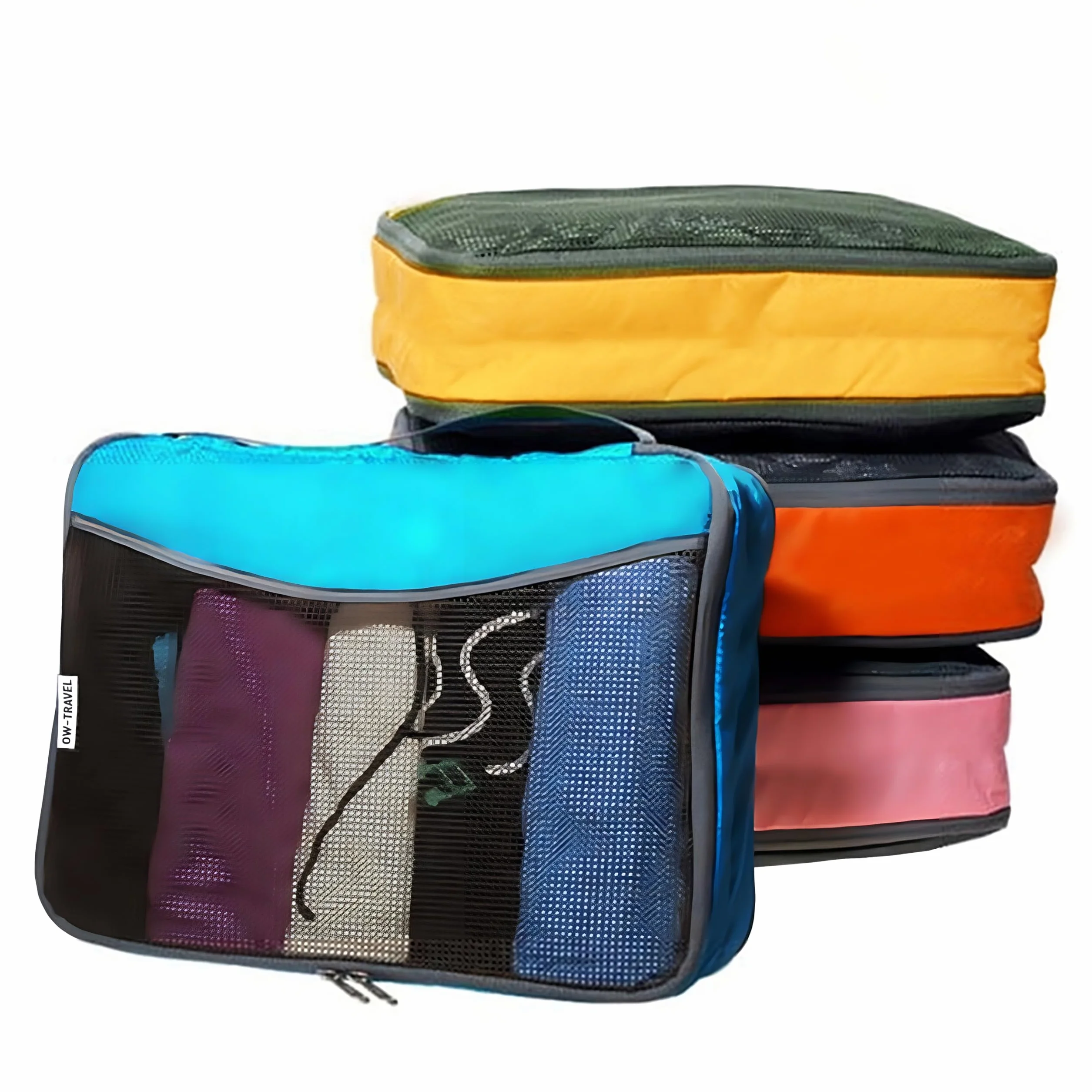 OW-Travel Organizer Valigia Salvaspazio (4 Multicolore) Sacchetti Vestiti Viaggio Set Organizer per Valigia. Divisori Valigie Sacchetti Viaggio Salvaspazio. Packing Cubes Set per Zaino