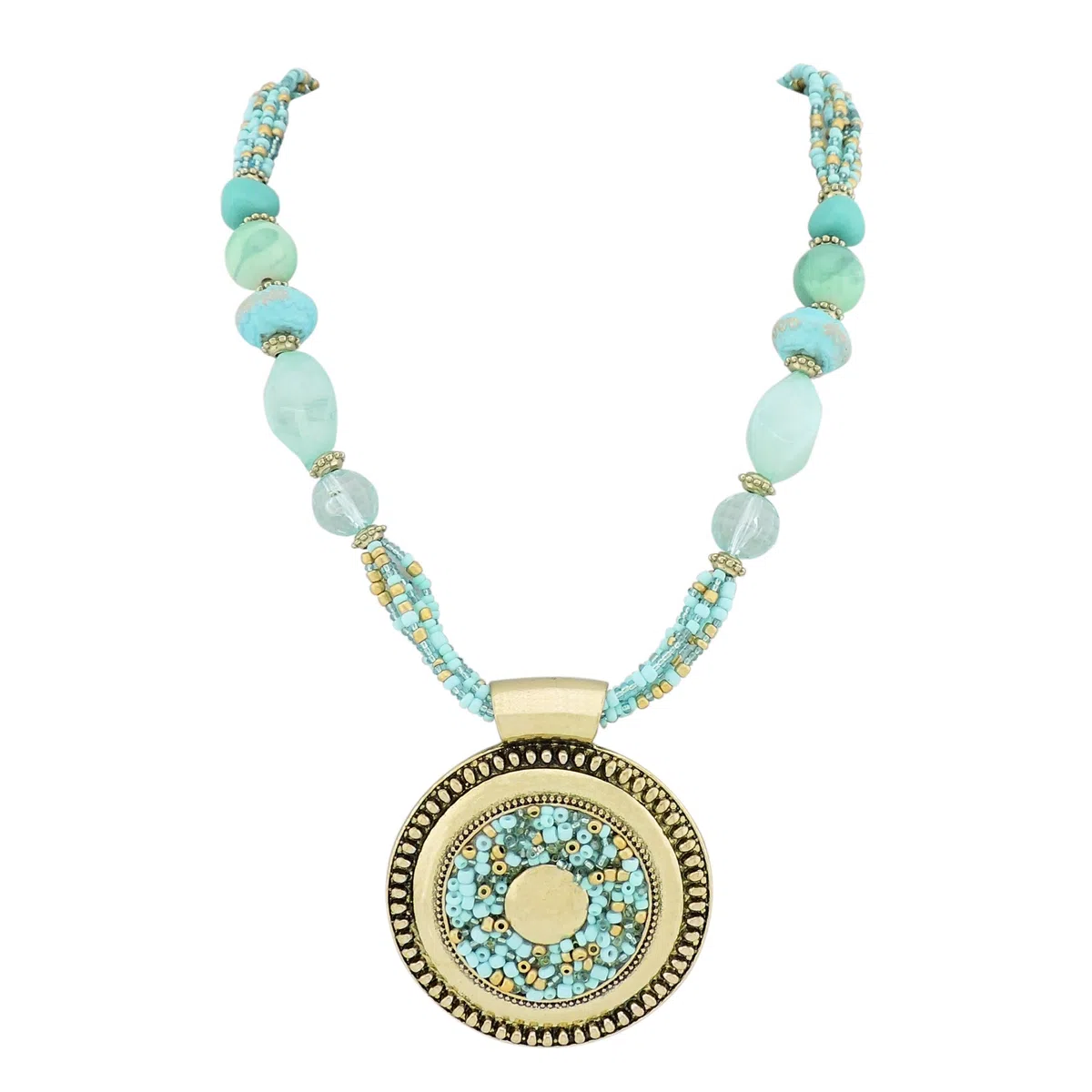 BOCAR - collana esclusiva con perline color acquamarina, vistosa, con ciondolo, stile antico, dorata (NK-10343)