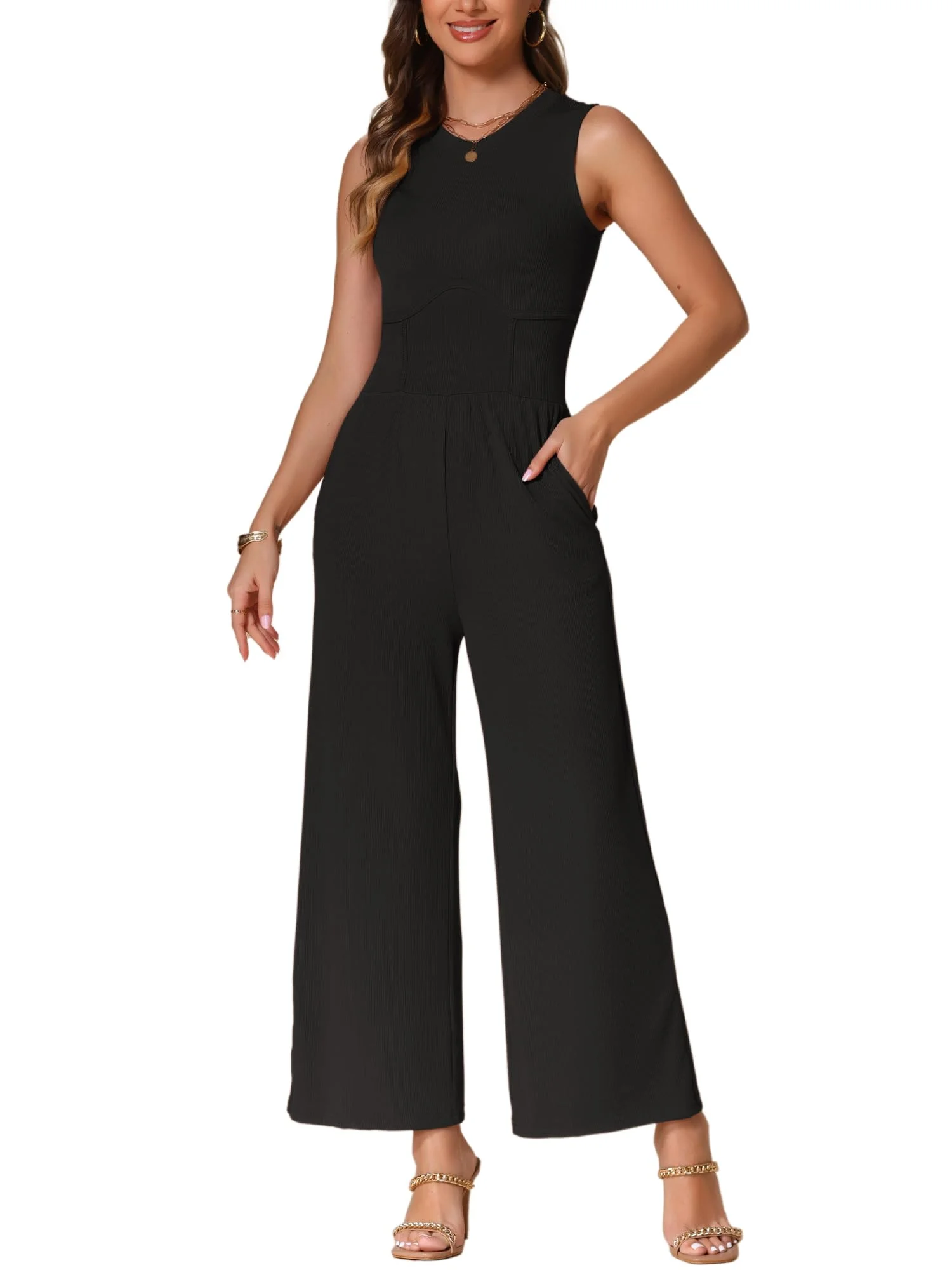 Allegra K Donna Tuta Estiva Elegante Casual Un Pezzo Abiti Senza Maniche Girocollo Pantaloni A Gamba Larga