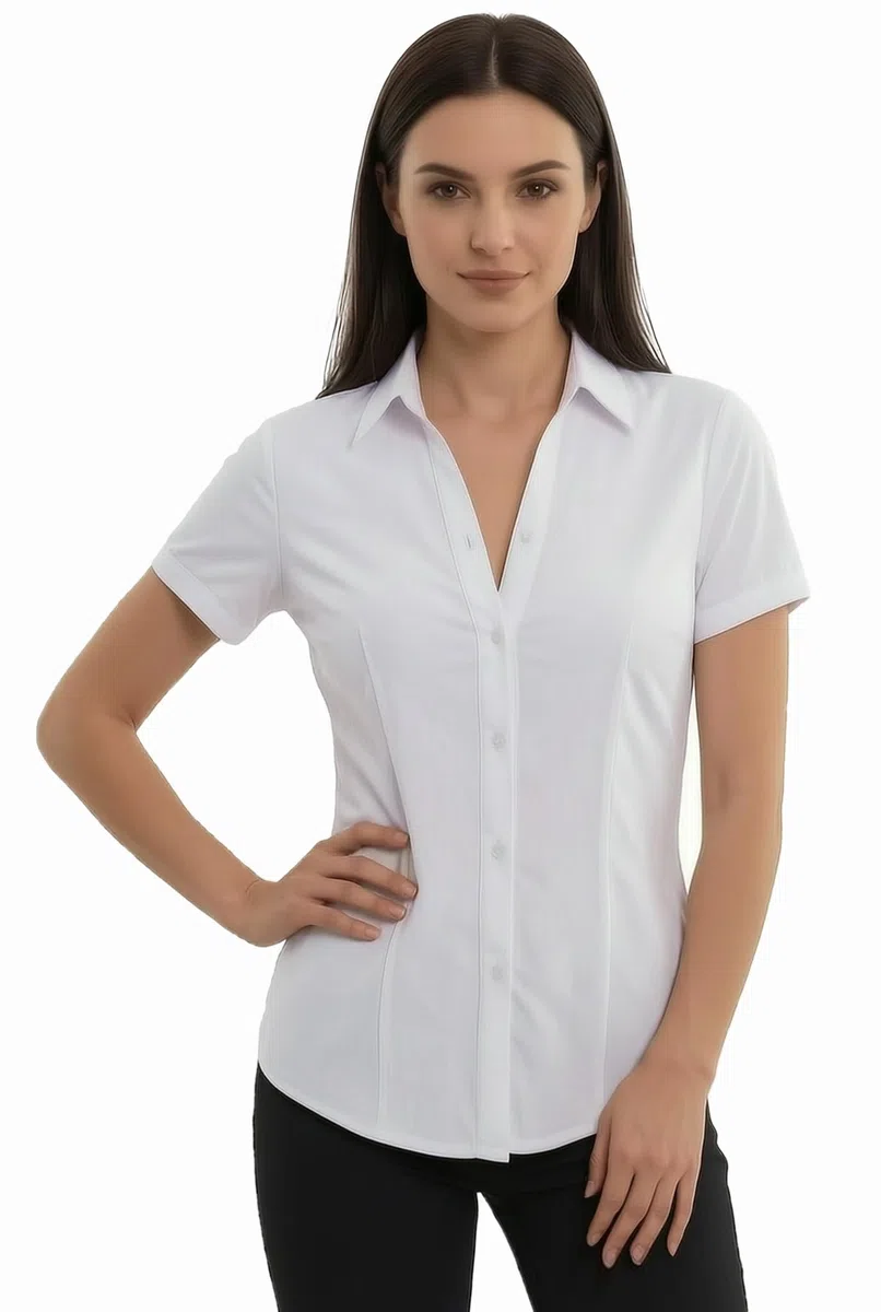 Camicia Donna Maniche Corte Elegante Elasticizzata Camicetta Ufficio Formale Business Casual Blusa Aderente Estiva
