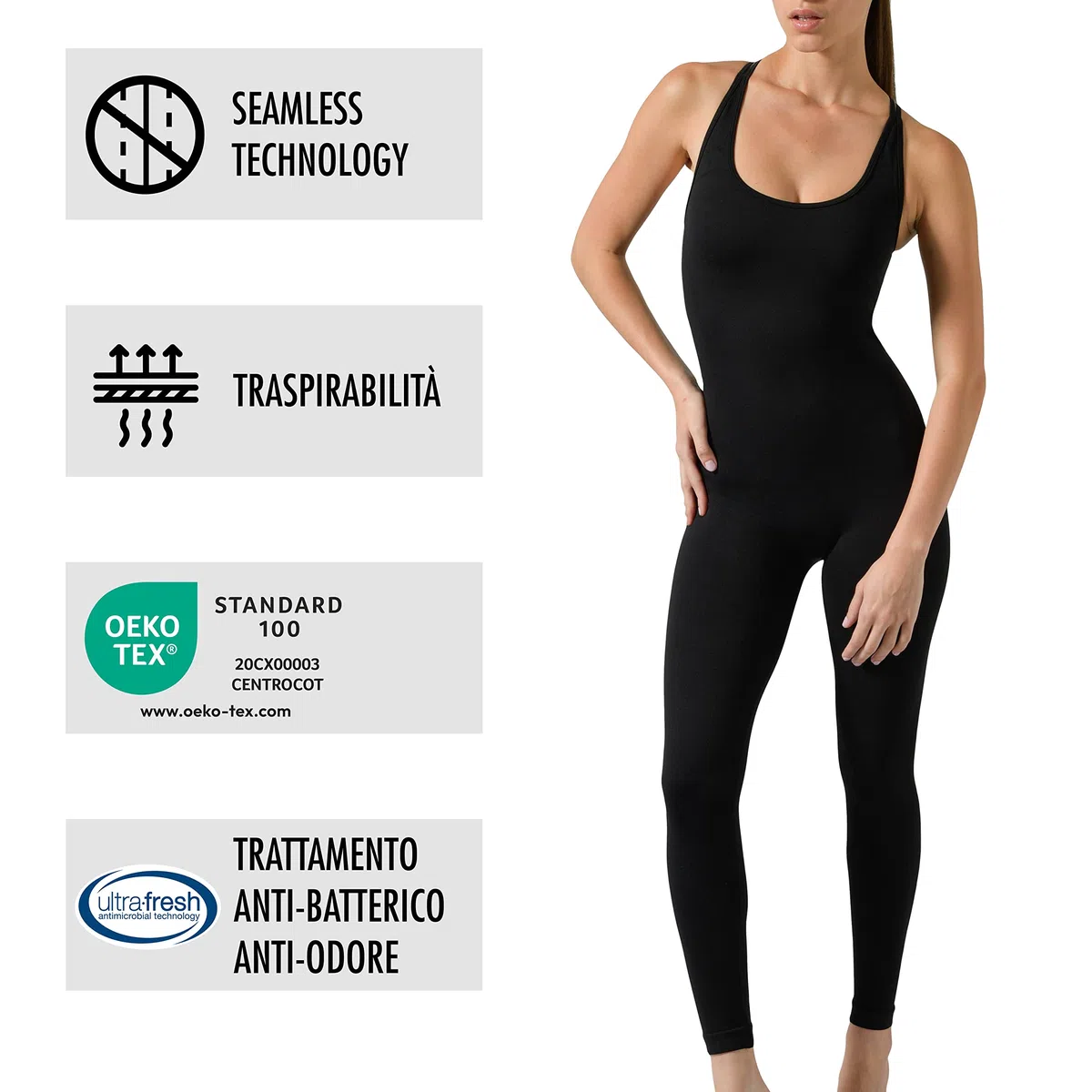 Risalti Tuta Jumpsuit Donna Sportiva - Tutina Aderente Lunga, Senza Maniche, Tuta Intera, Attillata, Elegante, Seamless, Fitness, Yoga, Palestra - Made in Italy