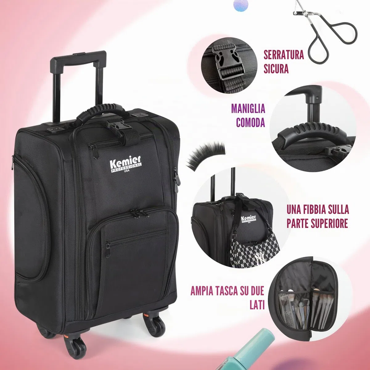 Organizer Portatile per Cosmetici, in Nylon Morbido Con Sacchetti, Nero