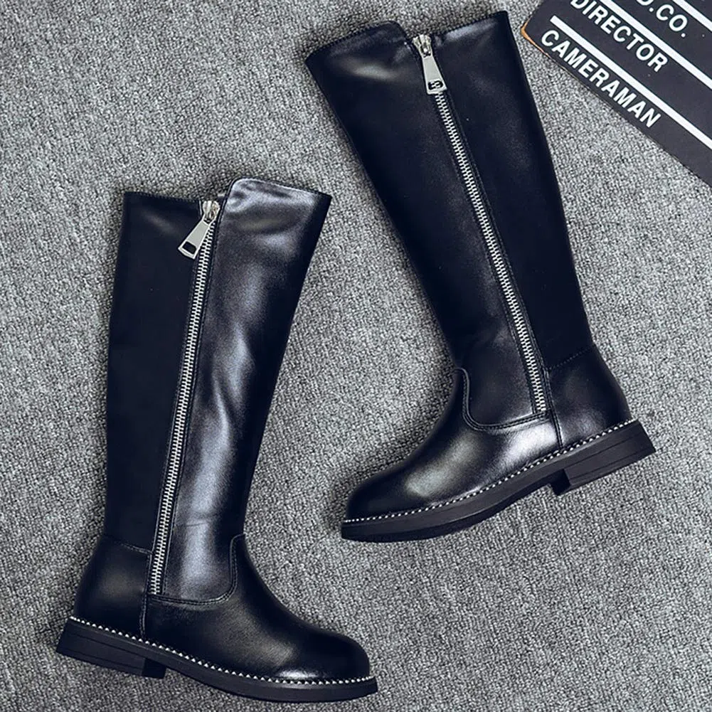 rismart Ragazze Ginocchio Zip Stivali da Equitazione Faux Foderato in Pelliccia Basso Scarpe Invernali