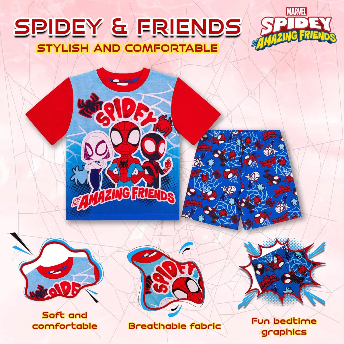 Marvel Spidey & His Amazing Friends Pigiama per ragazzi | Set pigiama corto Spider-Man | Biancheria da notte estiva in 100% cotone | Indumenti da notte per bambini da supereroe